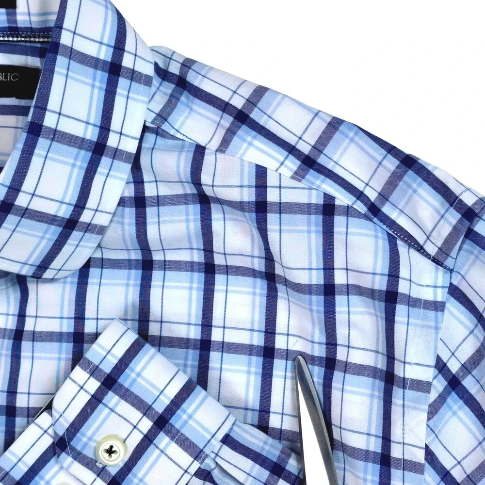 Banana Republic Mens Camden Fit Non-Iron Plaid Dress Shirt Blue White Small
